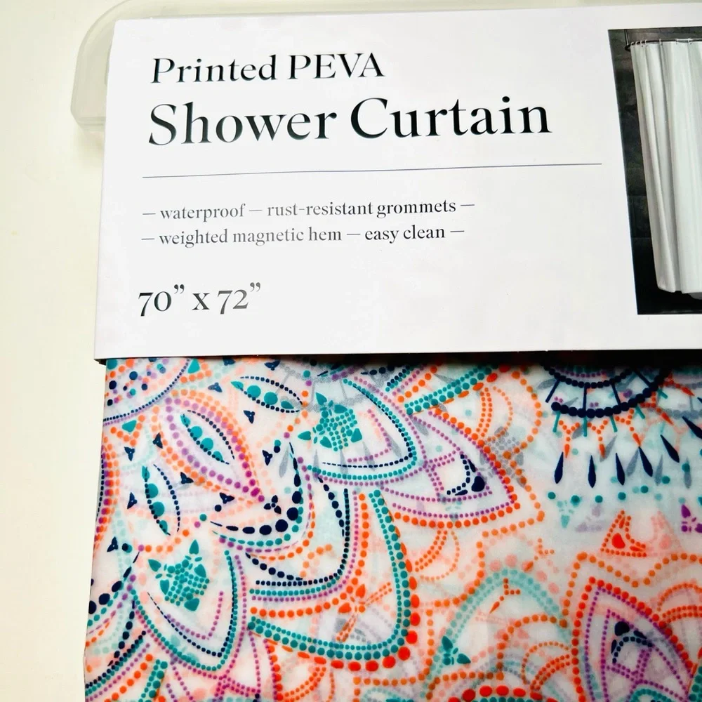 Mandala Peva Shower Curtain Teal, Coral & Navy Metal Grommets Kavala Collection